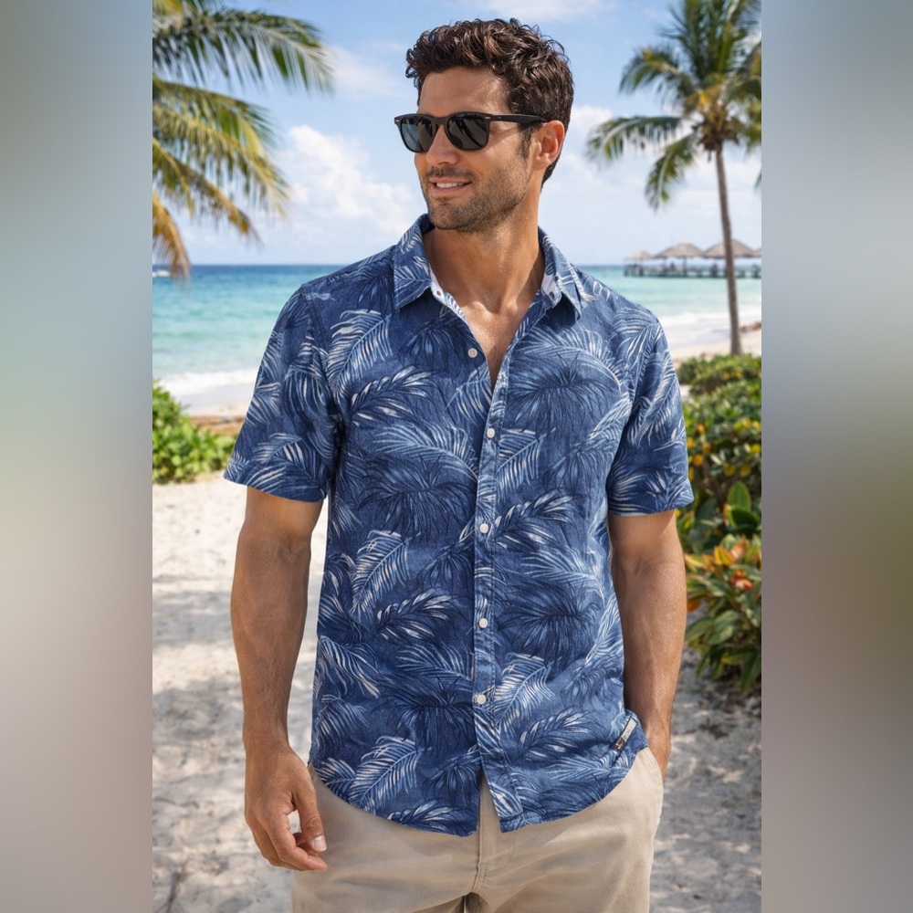 Original Penguin Tropical Palm Shirt Men L Blue 100%Cotton Summer Beach